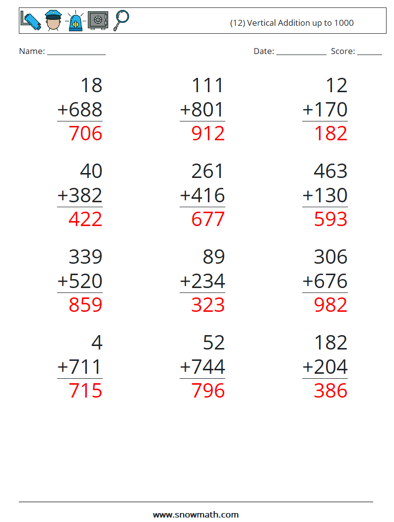 (12) Vertical Addition up to 1000 Math Worksheets 12 Question, Answer