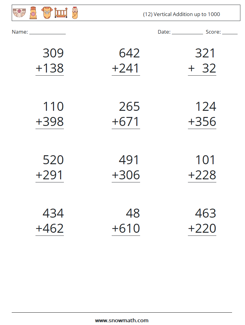 (12) Vertical Addition up to 1000 Math Worksheets 14