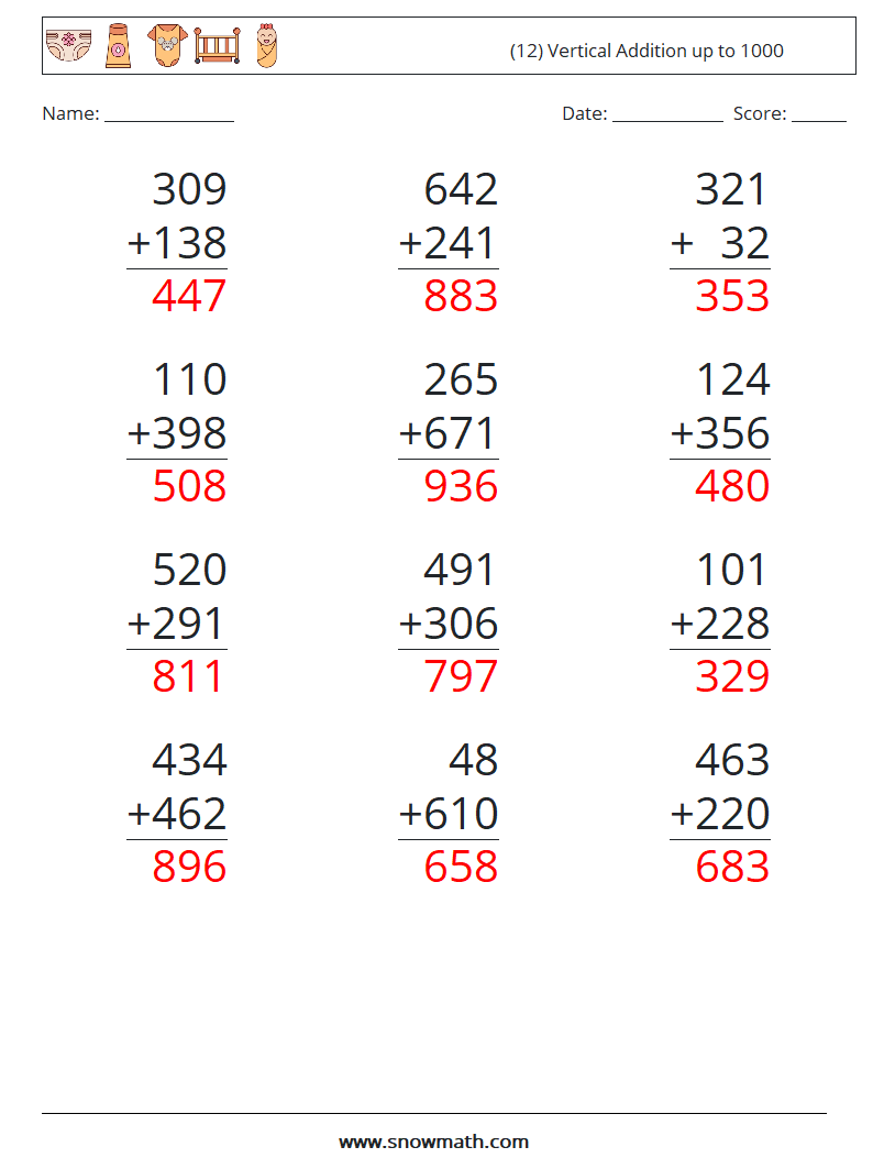 (12) Vertical Addition up to 1000 Math Worksheets 14 Question, Answer