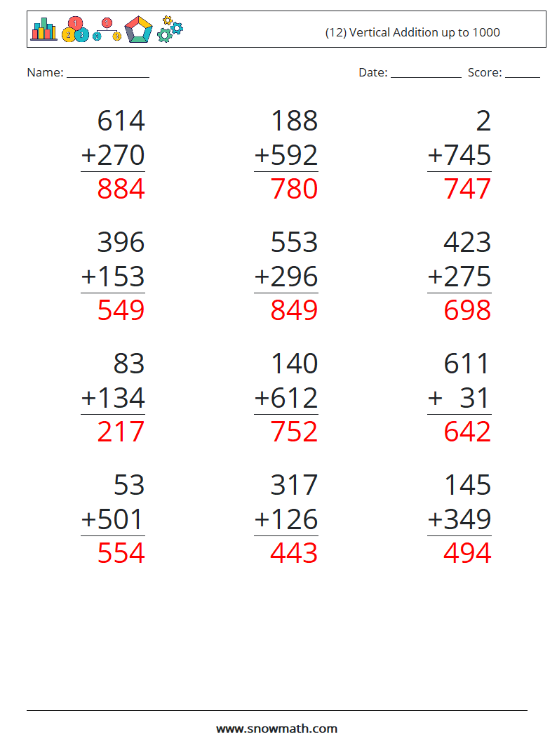 (12) Vertical Addition up to 1000 Math Worksheets 15 Question, Answer