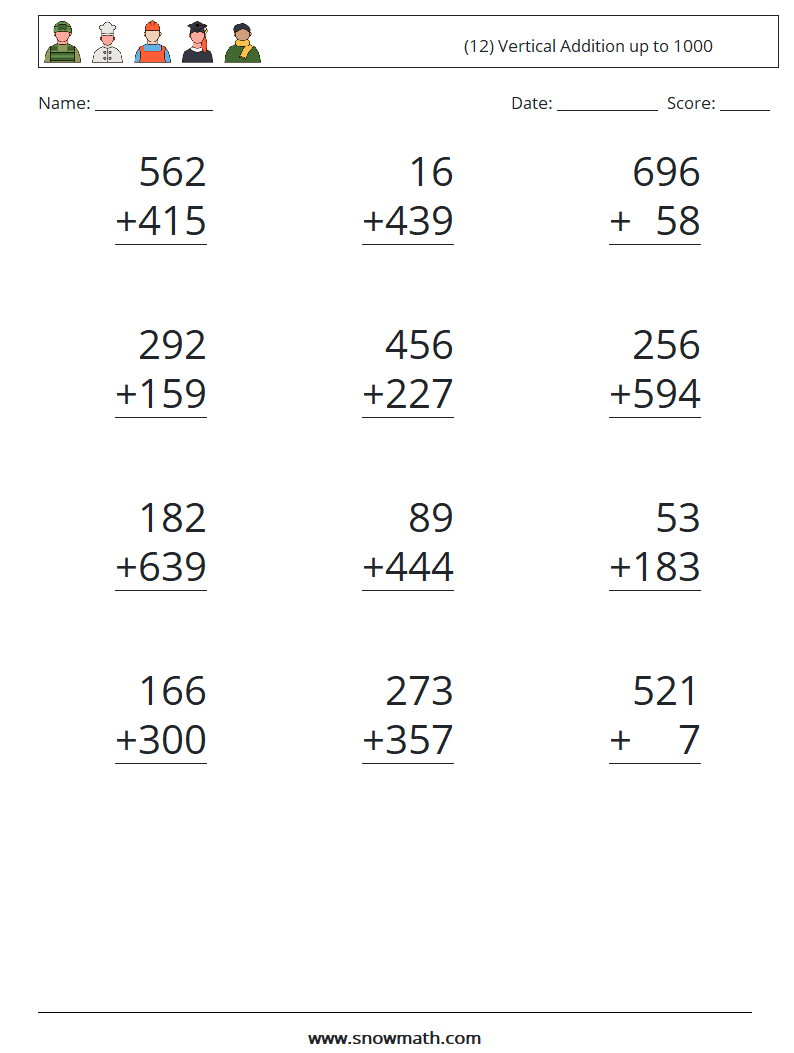 (12) Vertical Addition up to 1000 Math Worksheets 16