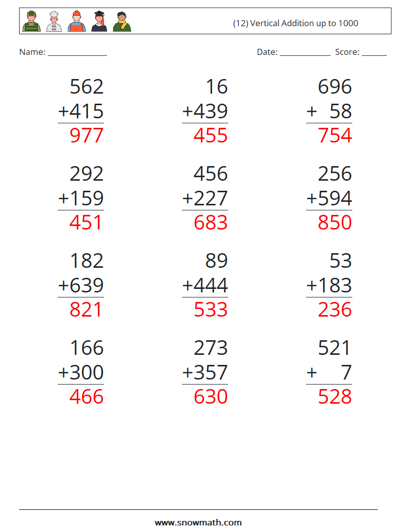 (12) Vertical Addition up to 1000 Math Worksheets 16 Question, Answer