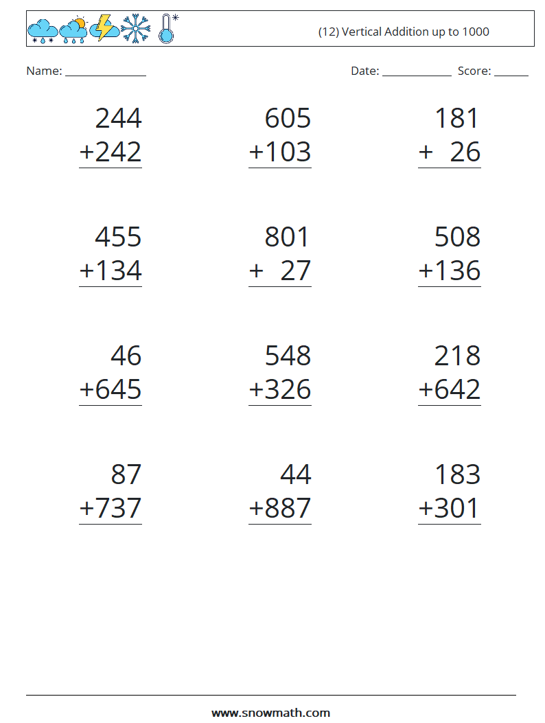 (12) Vertical Addition up to 1000 Math Worksheets 17