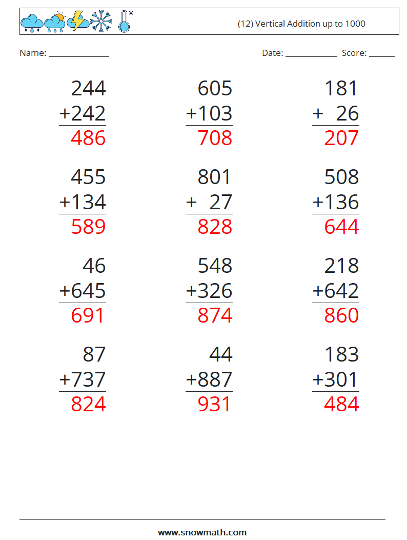 (12) Vertical Addition up to 1000 Math Worksheets 17 Question, Answer