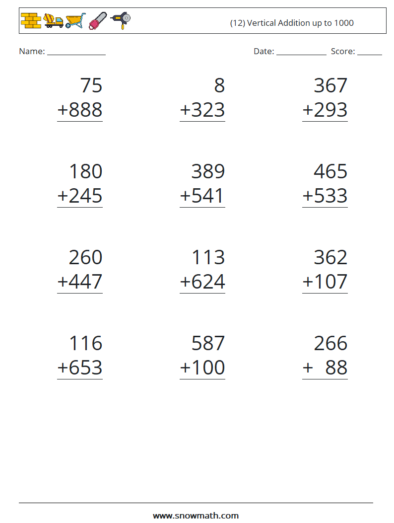 (12) Vertical Addition up to 1000 Math Worksheets 18