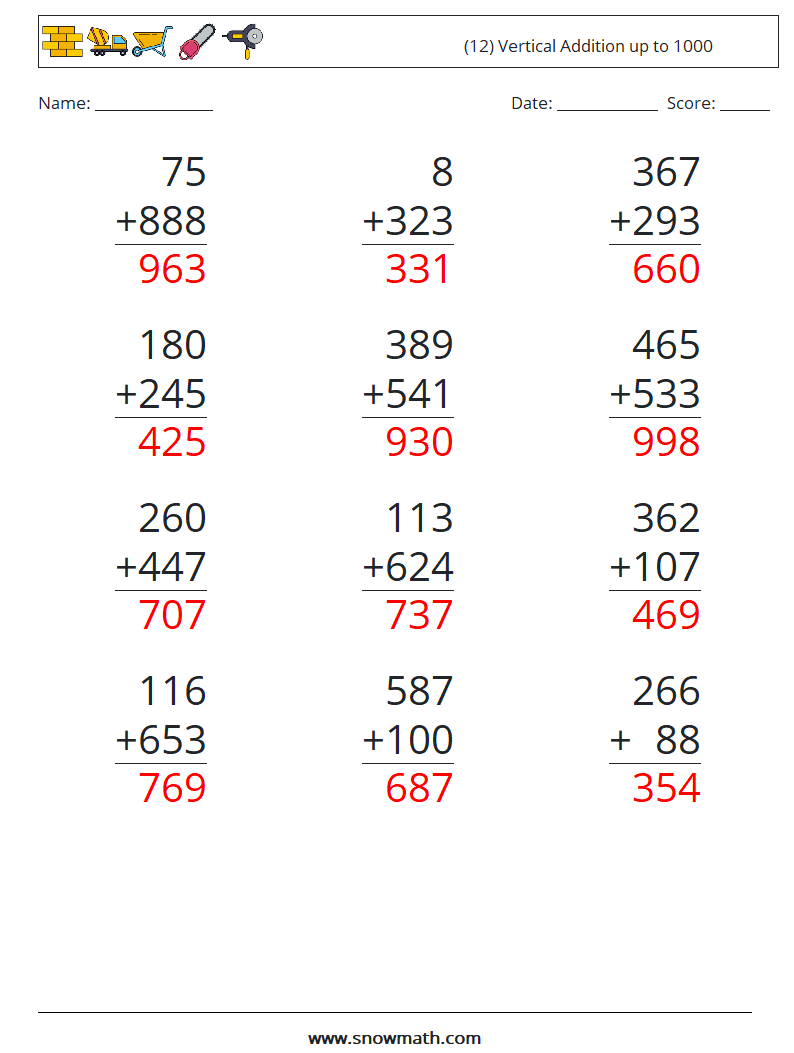 (12) Vertical Addition up to 1000 Math Worksheets 18 Question, Answer