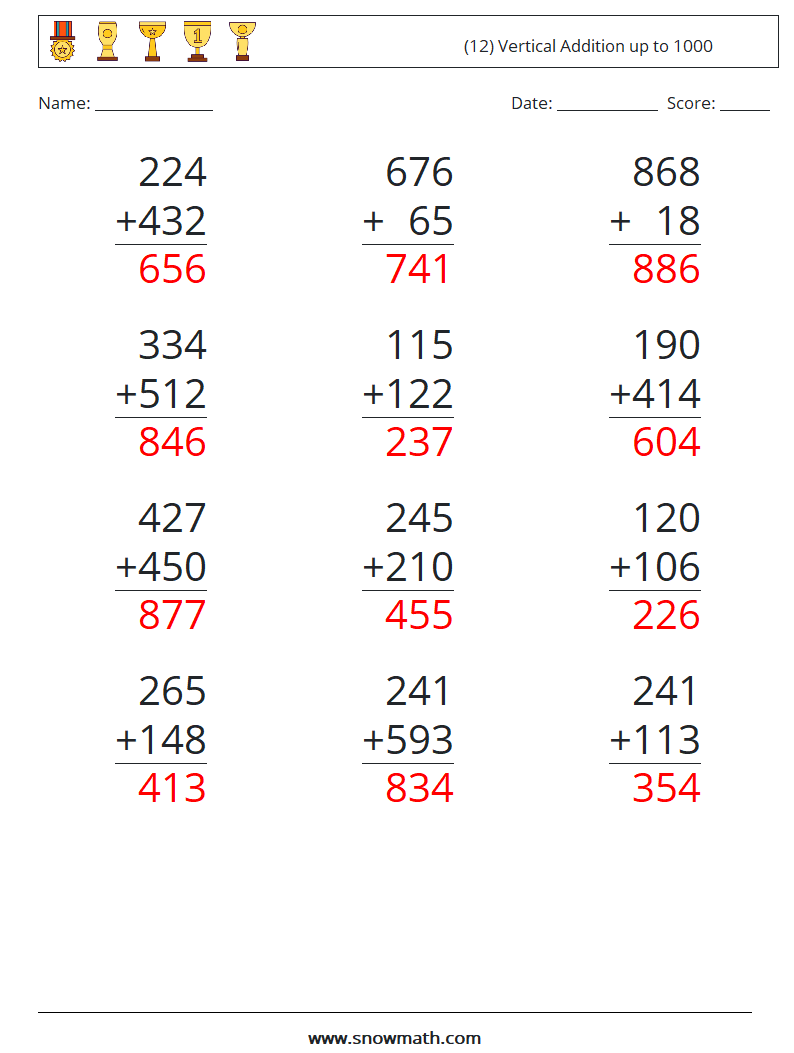 (12) Vertical Addition up to 1000 Math Worksheets 1 Question, Answer