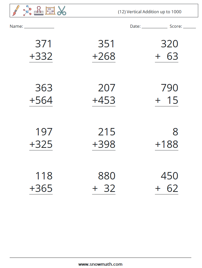 (12) Vertical Addition up to 1000 Math Worksheets 2