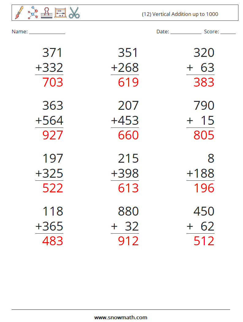 (12) Vertical Addition up to 1000 Math Worksheets 2 Question, Answer