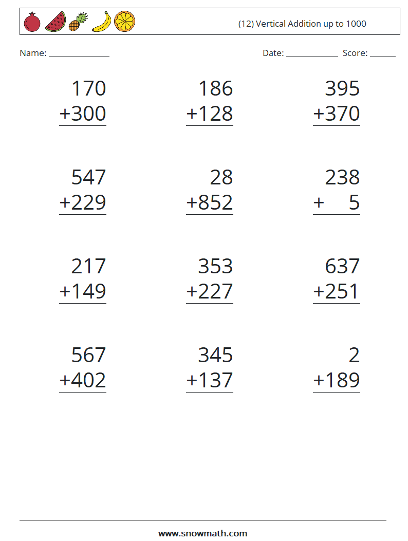 (12) Vertical Addition up to 1000 Math Worksheets 3