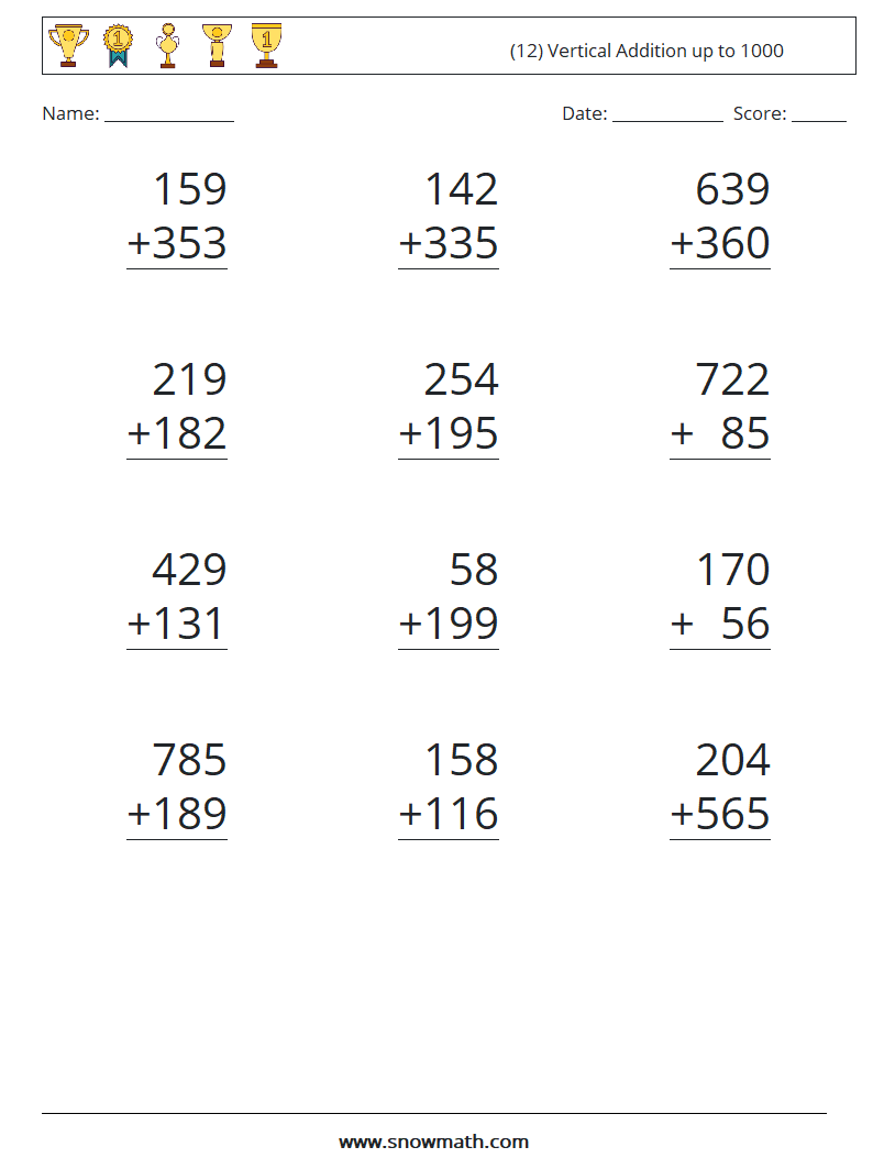 (12) Vertical Addition up to 1000 Math Worksheets 4