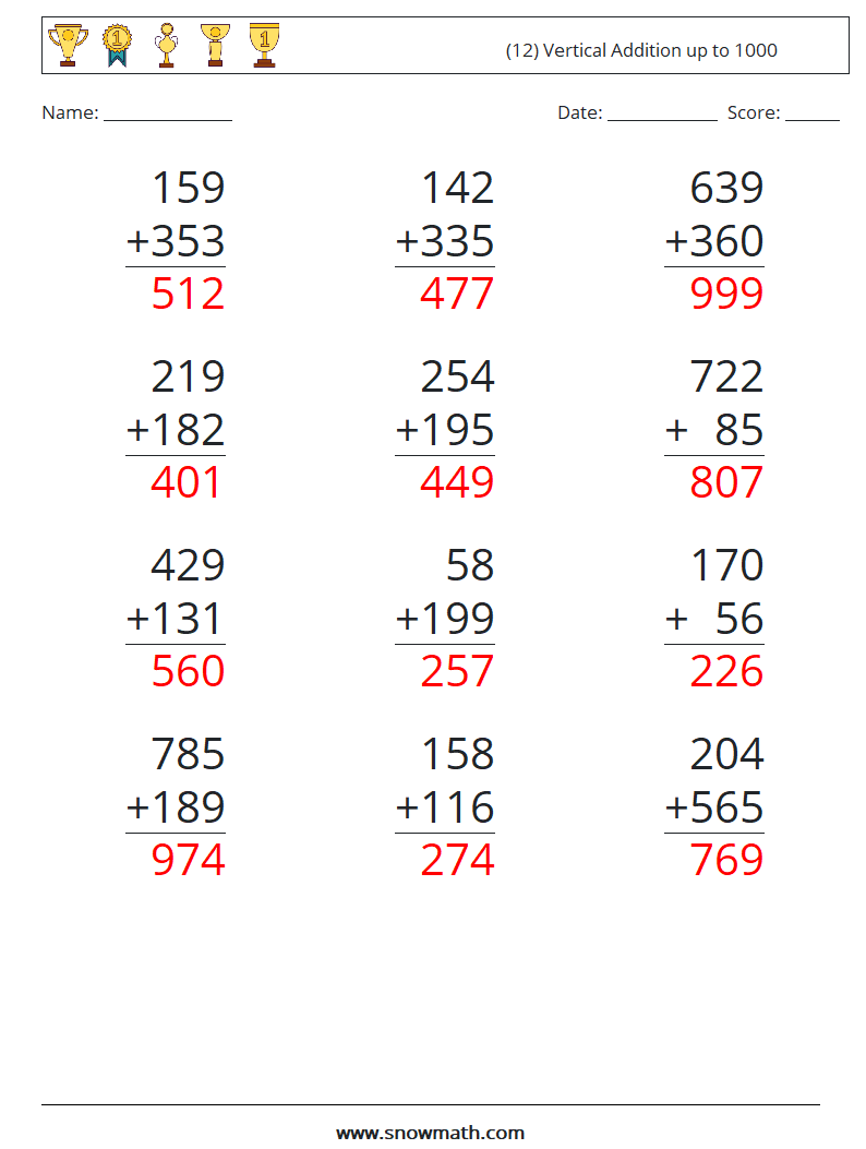 (12) Vertical Addition up to 1000 Math Worksheets 4 Question, Answer