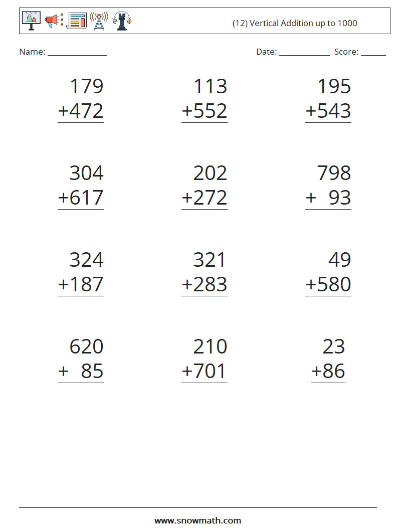 (12) Vertical Addition up to 1000 Math Worksheets 5
