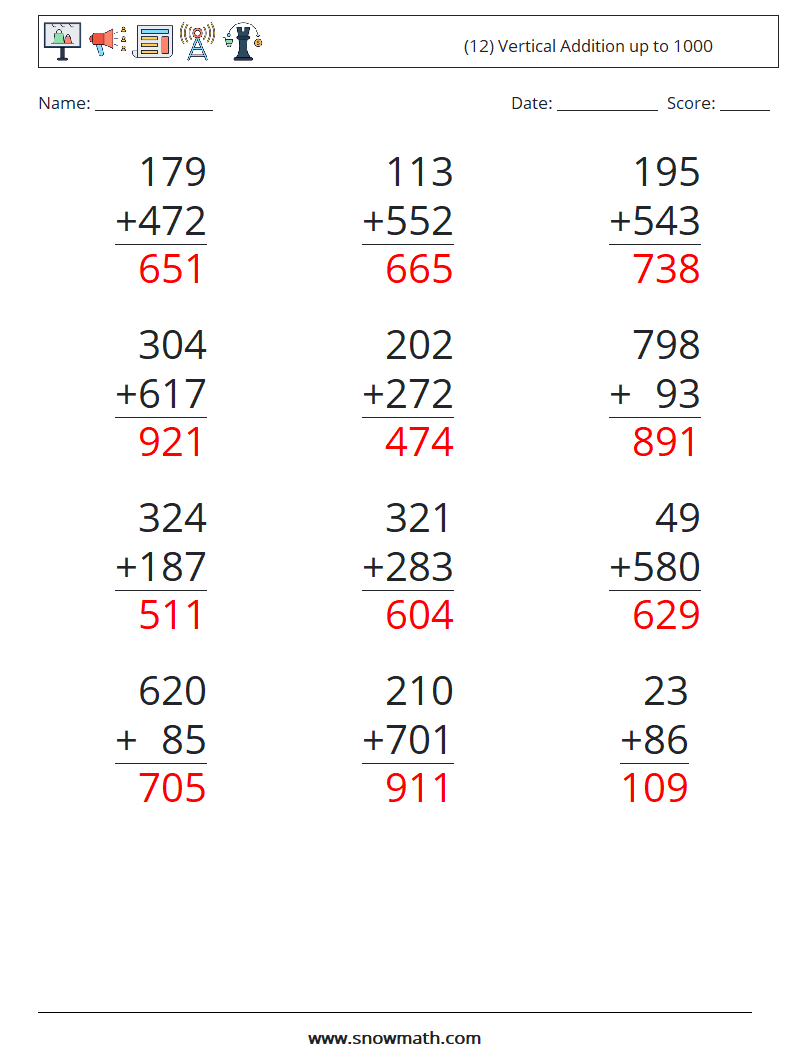 (12) Vertical Addition up to 1000 Math Worksheets 5 Question, Answer