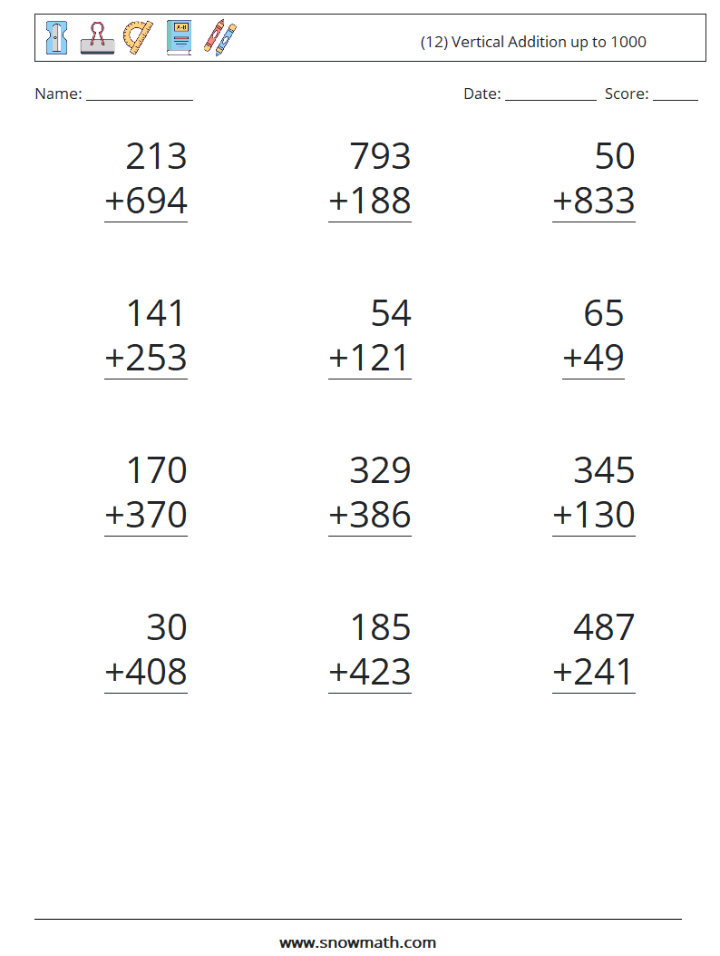 (12) Vertical Addition up to 1000 Math Worksheets 6