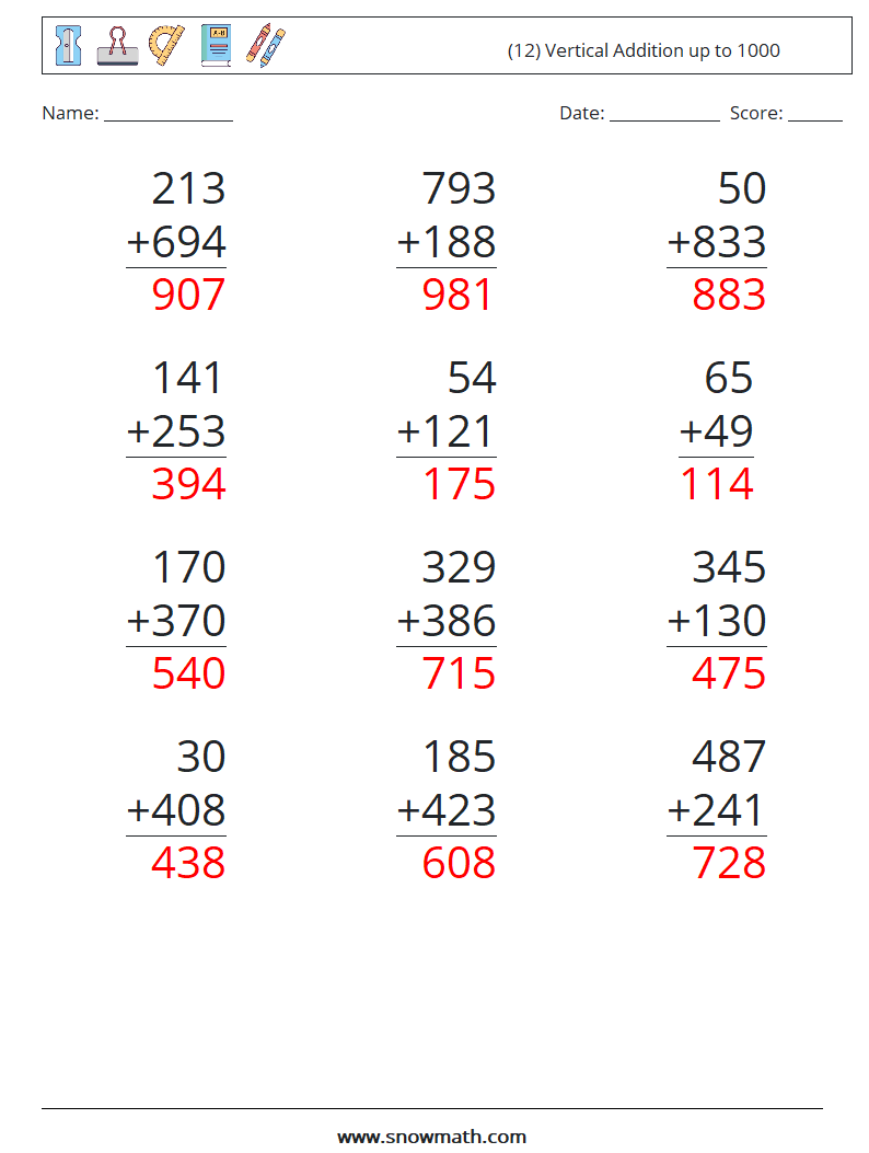 (12) Vertical Addition up to 1000 Math Worksheets 6 Question, Answer