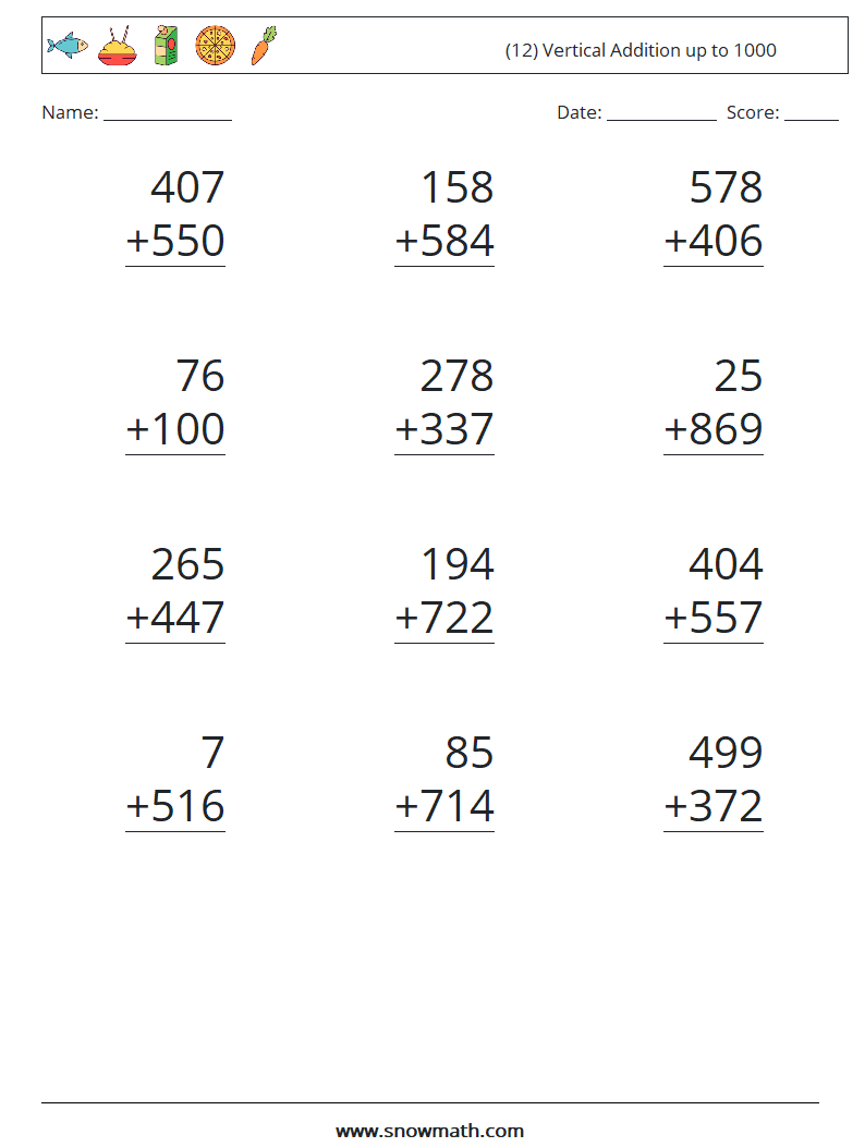 (12) Vertical Addition up to 1000 Math Worksheets 7