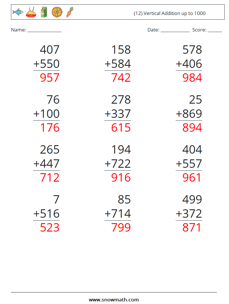 (12) Vertical Addition up to 1000 Math Worksheets 7 Question, Answer