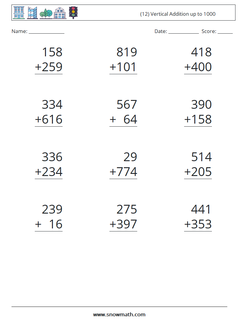 (12) Vertical Addition up to 1000 Math Worksheets 8