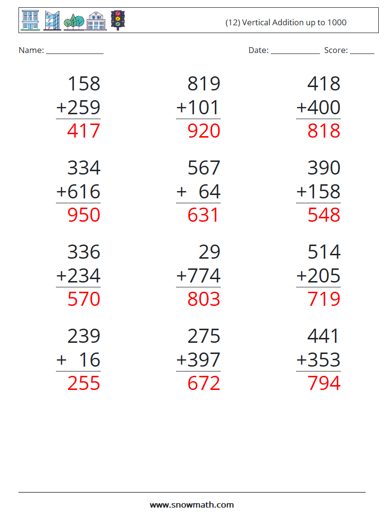 (12) Vertical Addition up to 1000 Math Worksheets 8 Question, Answer