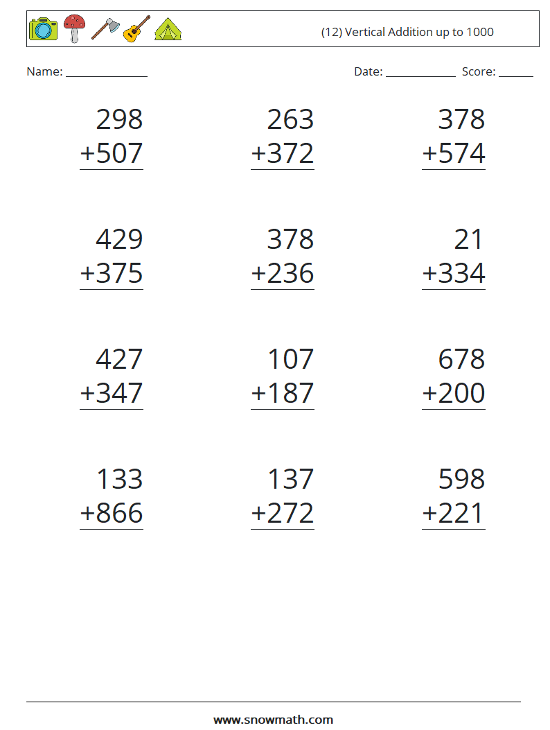 (12) Vertical Addition up to 1000 Math Worksheets 9