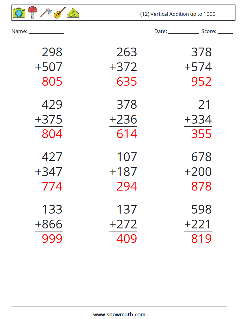 (12) Vertical Addition up to 1000 Math Worksheets 9 Question, Answer