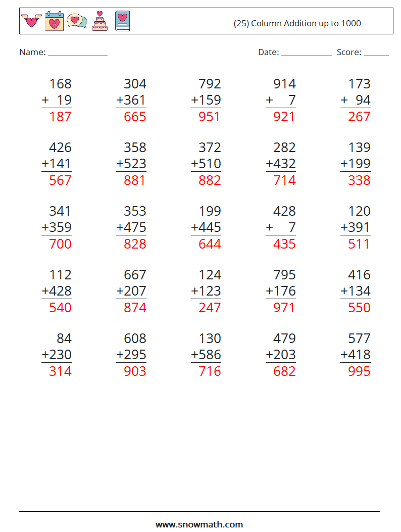 (25) Column Addition up to 1000 Math Worksheets 1 Question, Answer