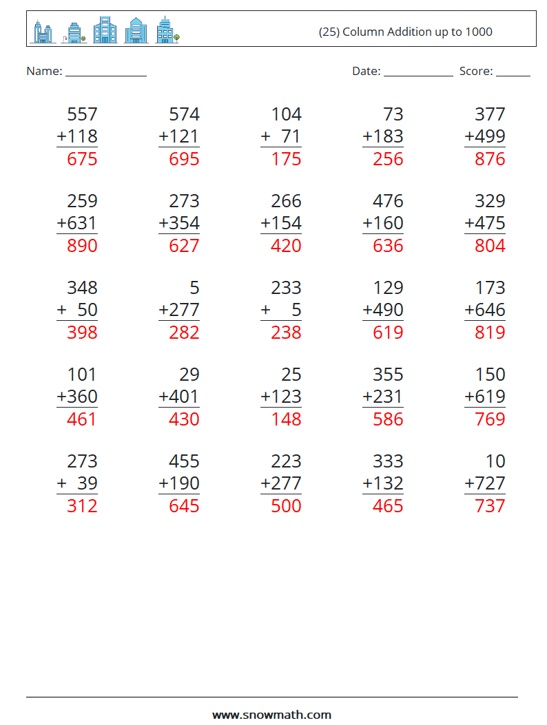 (25) Column Addition up to 1000 Math Worksheets 2 Question, Answer