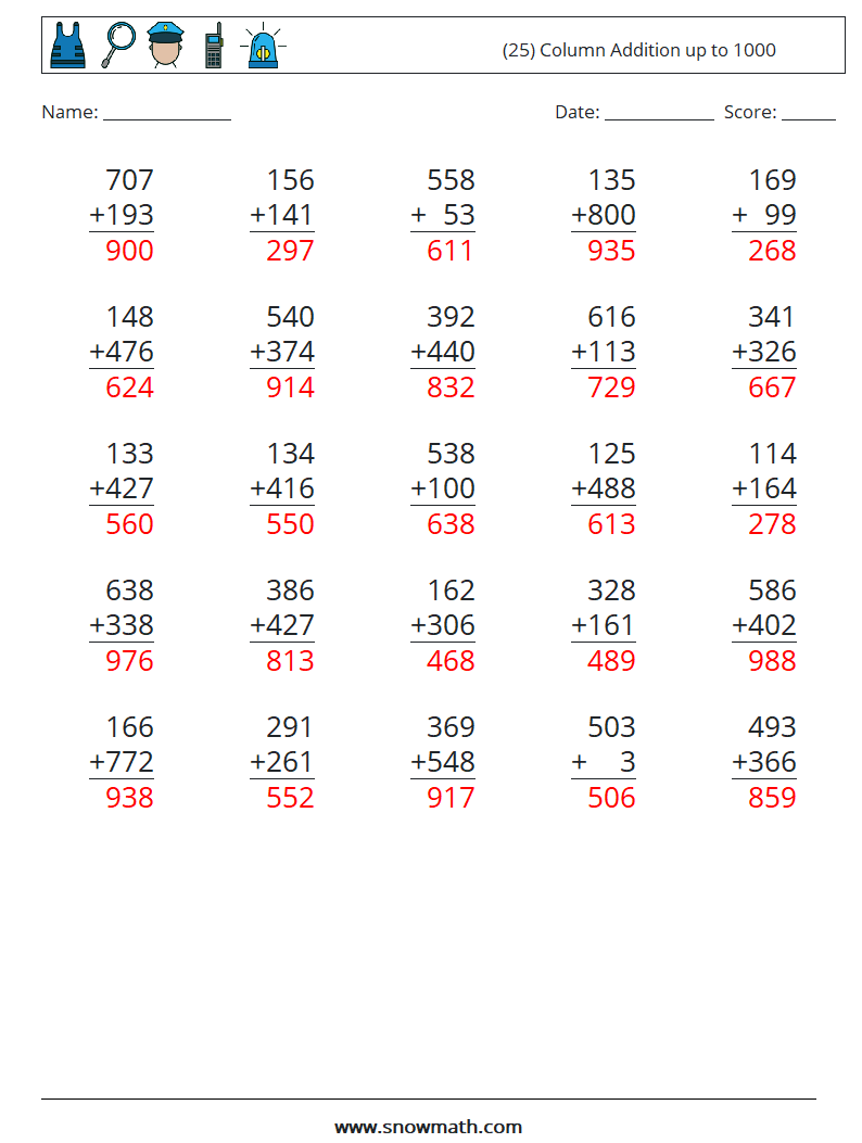 (25) Column Addition up to 1000 Math Worksheets 3 Question, Answer