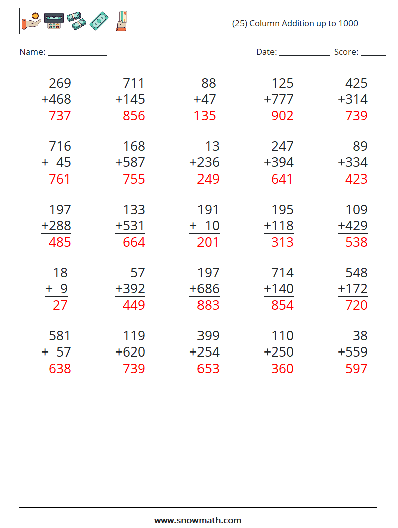 (25) Column Addition up to 1000 Math Worksheets 4 Question, Answer