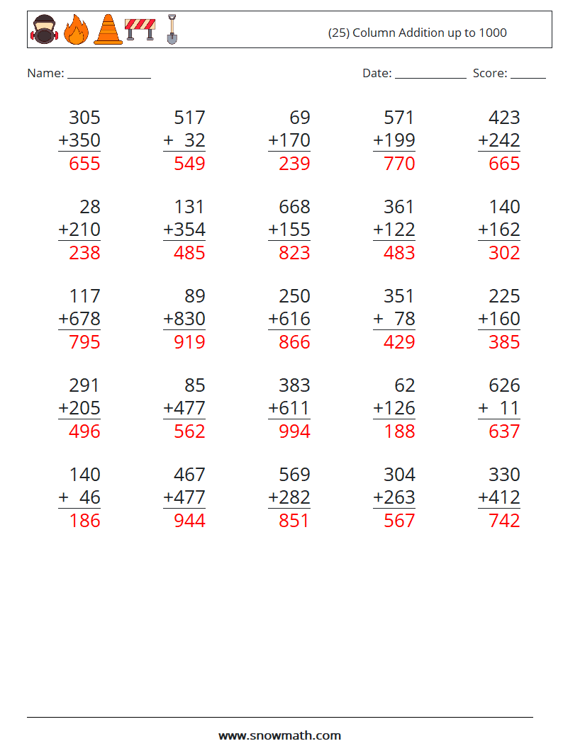 (25) Column Addition up to 1000 Math Worksheets 5 Question, Answer