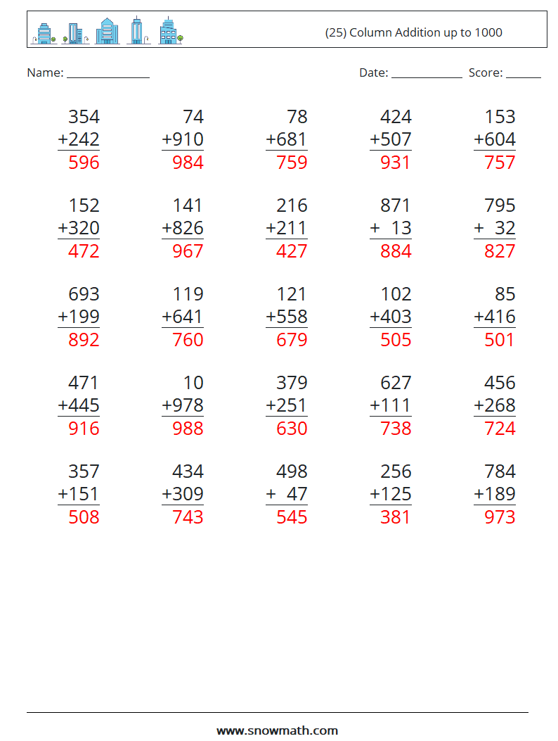 (25) Column Addition up to 1000 Math Worksheets 6 Question, Answer