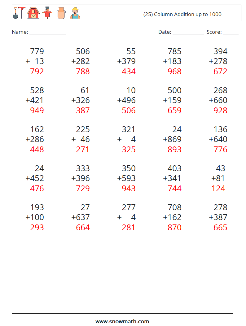 (25) Column Addition up to 1000 Math Worksheets 7 Question, Answer