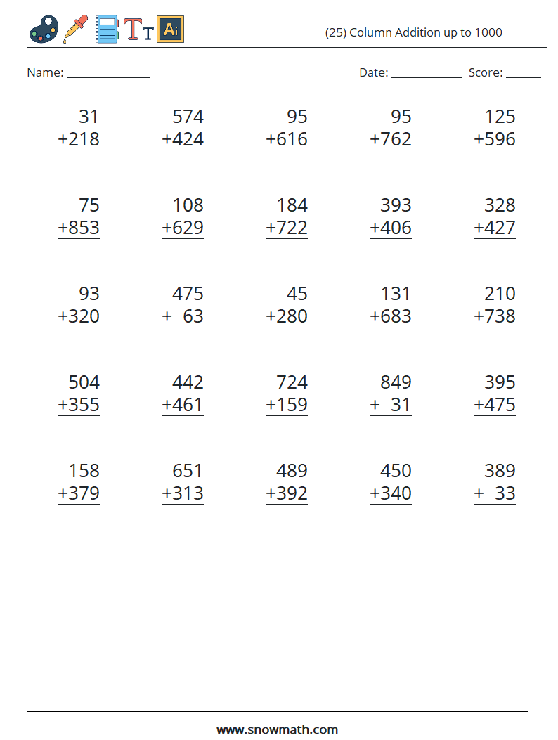 (25) Column Addition up to 1000 Math Worksheets 8