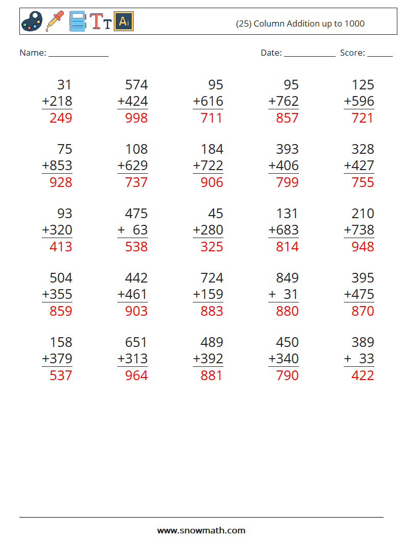 (25) Column Addition up to 1000 Math Worksheets 8 Question, Answer