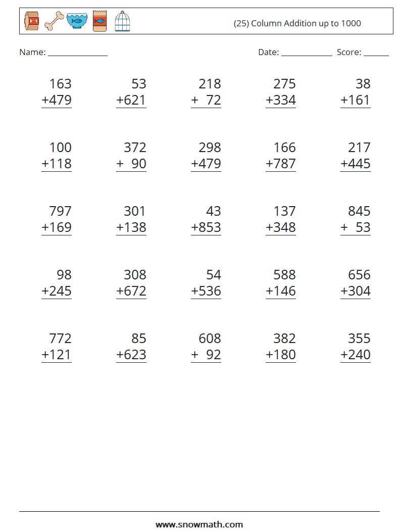 (25) Column Addition up to 1000 Math Worksheets 9