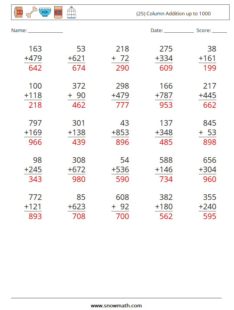 (25) Column Addition up to 1000 Math Worksheets 9 Question, Answer