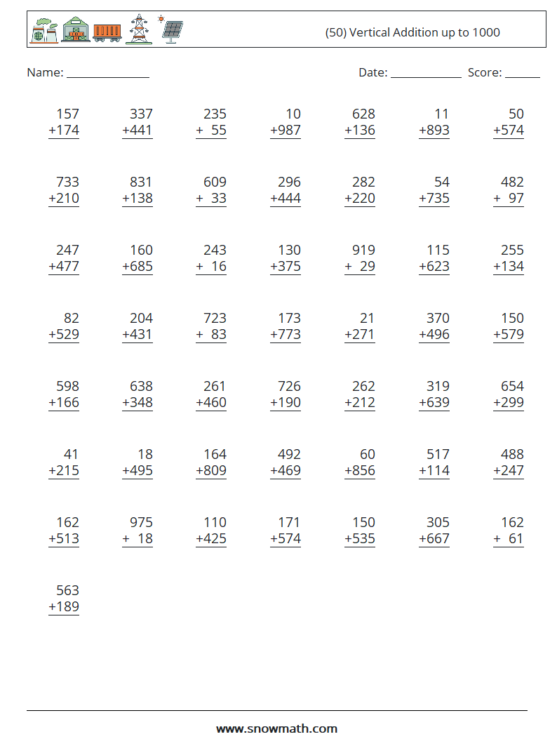 (50) Vertical Addition up to 1000 Math Worksheets 1