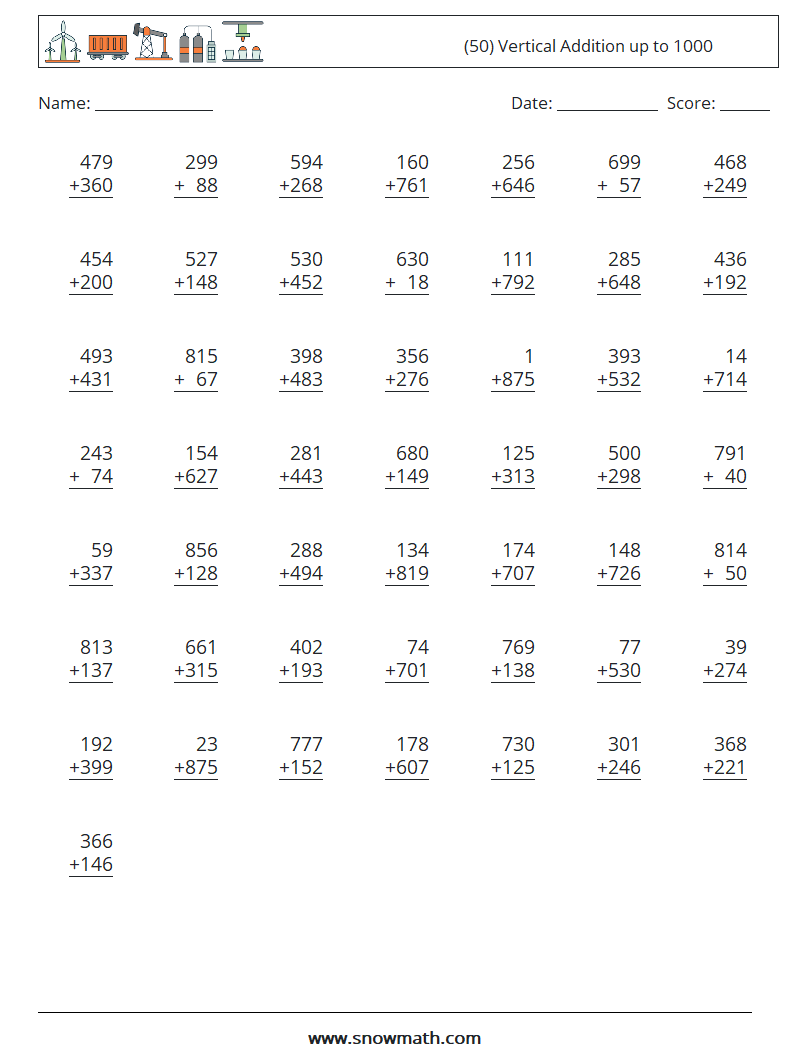 (50) Vertical Addition up to 1000 Math Worksheets 10