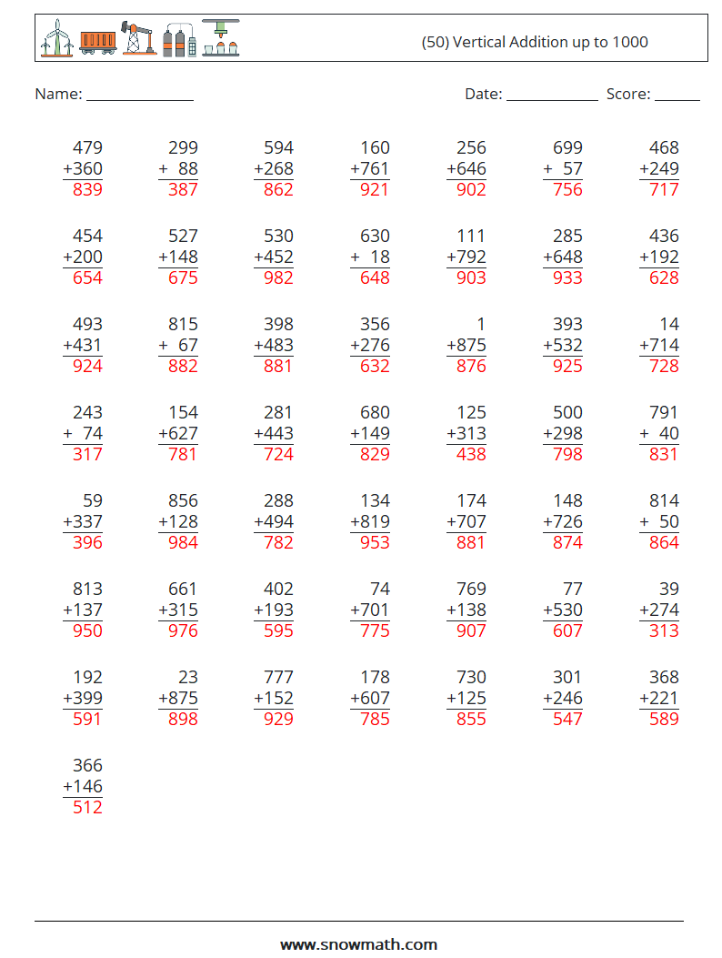 (50) Vertical Addition up to 1000 Math Worksheets 10 Question, Answer