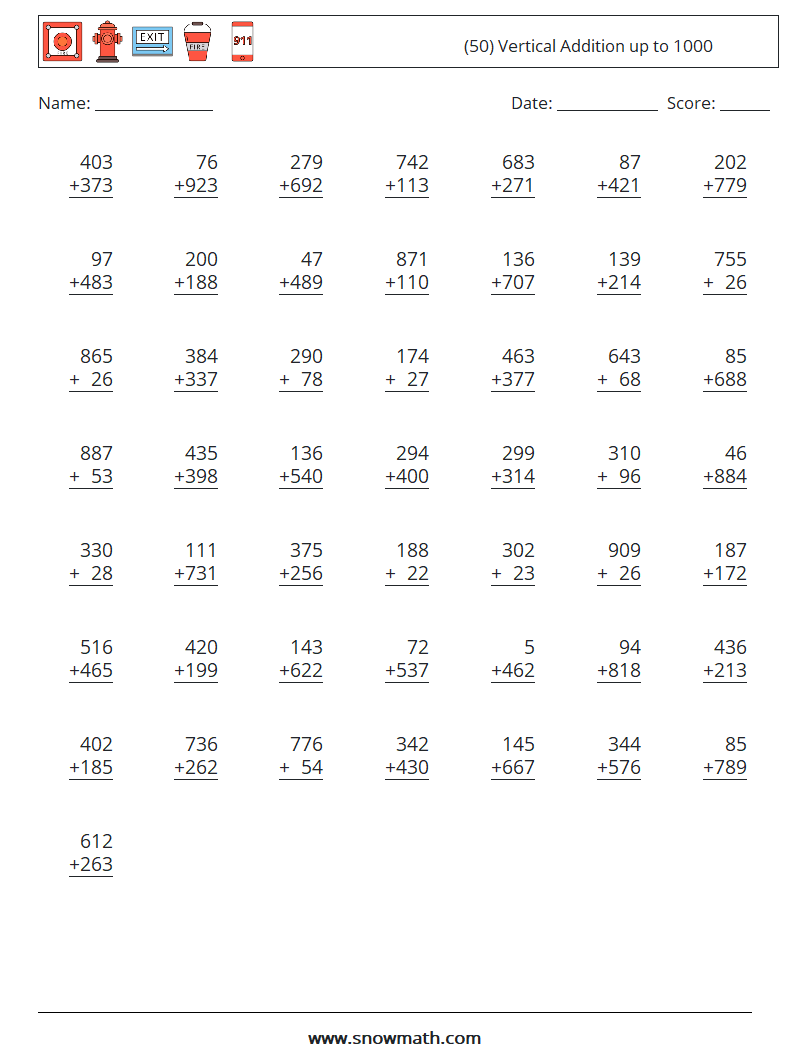 (50) Vertical Addition up to 1000 Math Worksheets 11