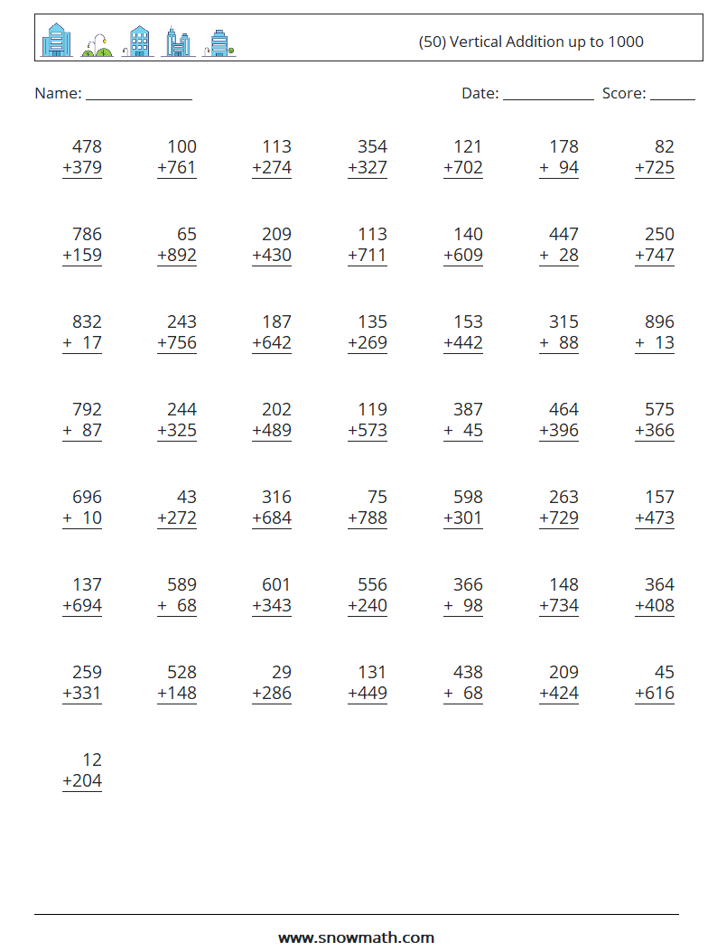 (50) Vertical Addition up to 1000 Math Worksheets 12