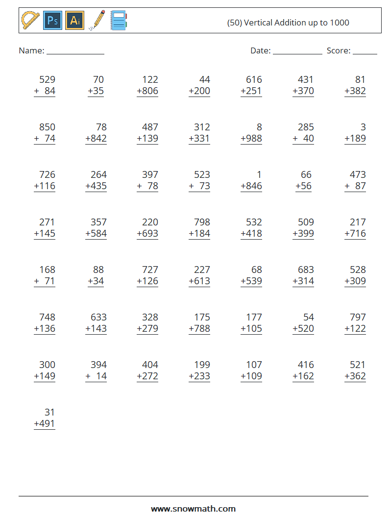 (50) Vertical Addition up to 1000 Math Worksheets 13