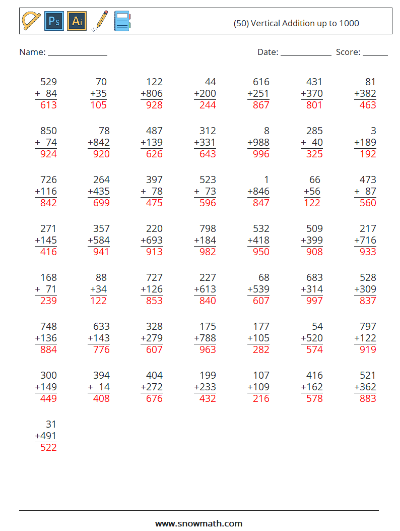 (50) Vertical Addition up to 1000 Math Worksheets 13 Question, Answer