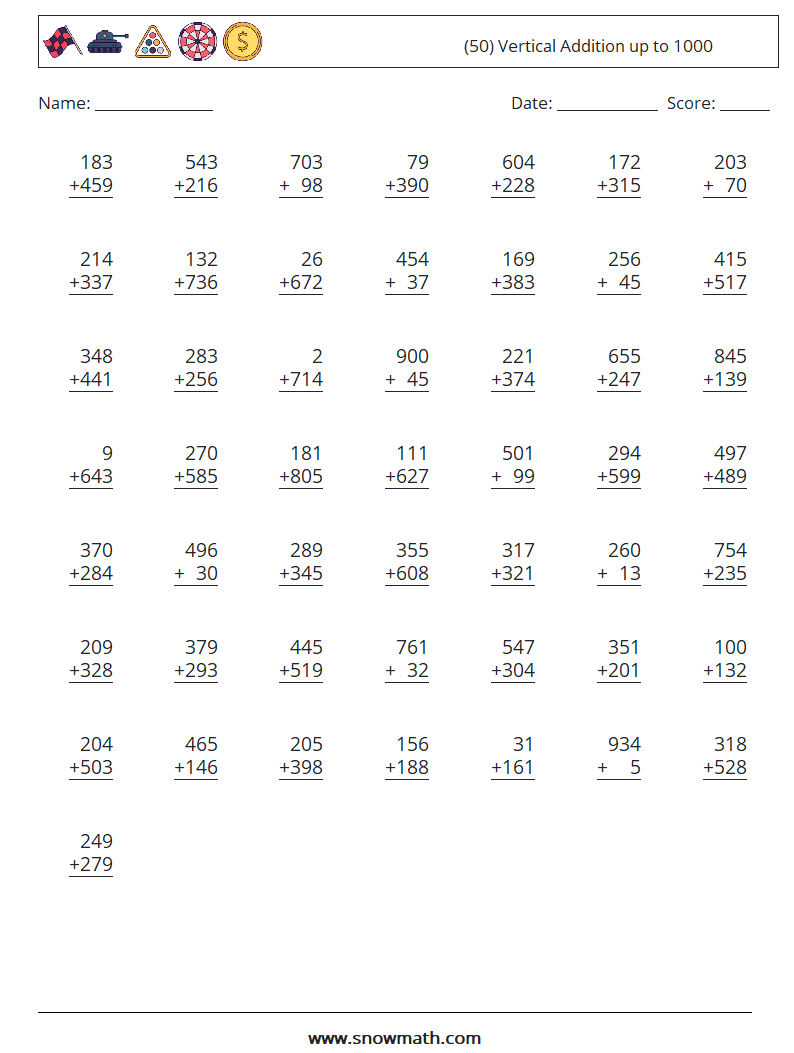 (50) Vertical Addition up to 1000 Math Worksheets 14