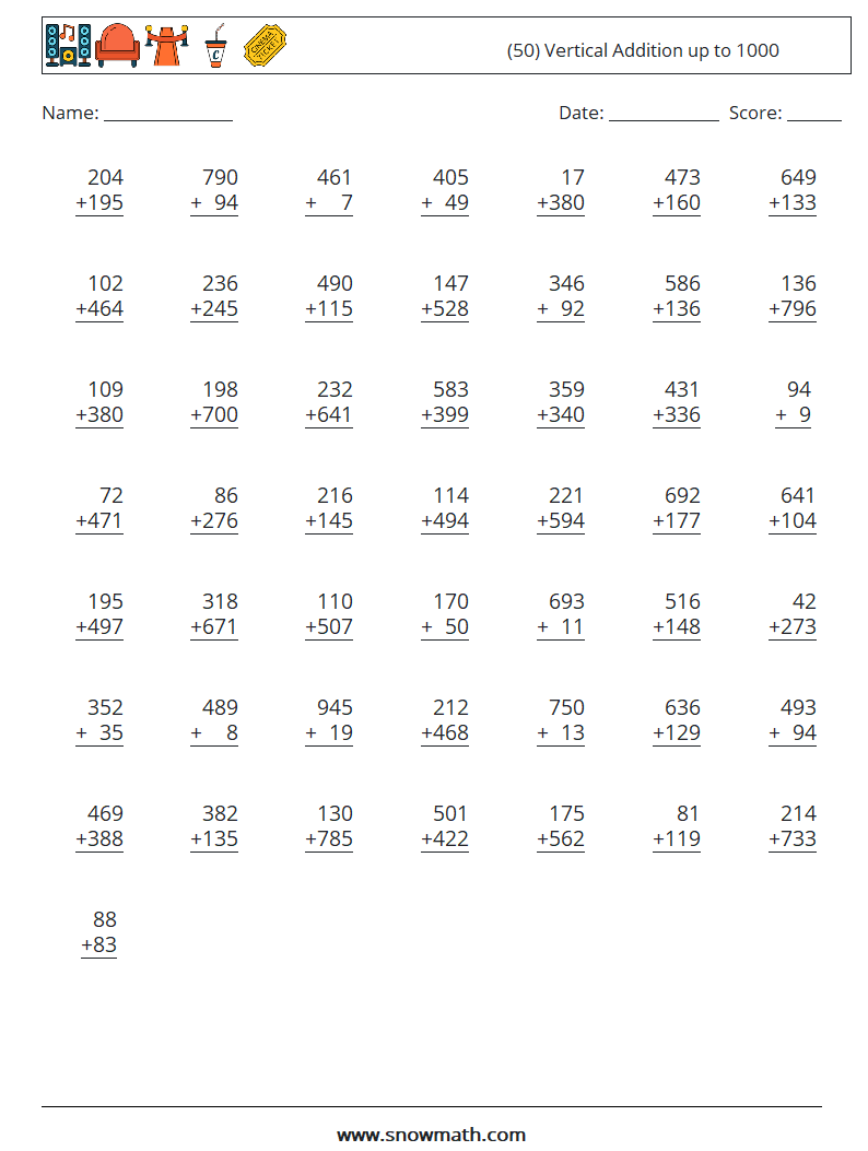 (50) Vertical Addition up to 1000 Math Worksheets 15