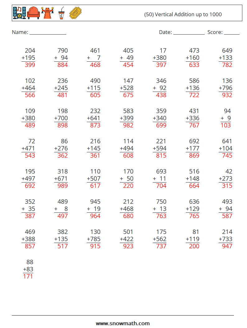 (50) Vertical Addition up to 1000 Math Worksheets 15 Question, Answer