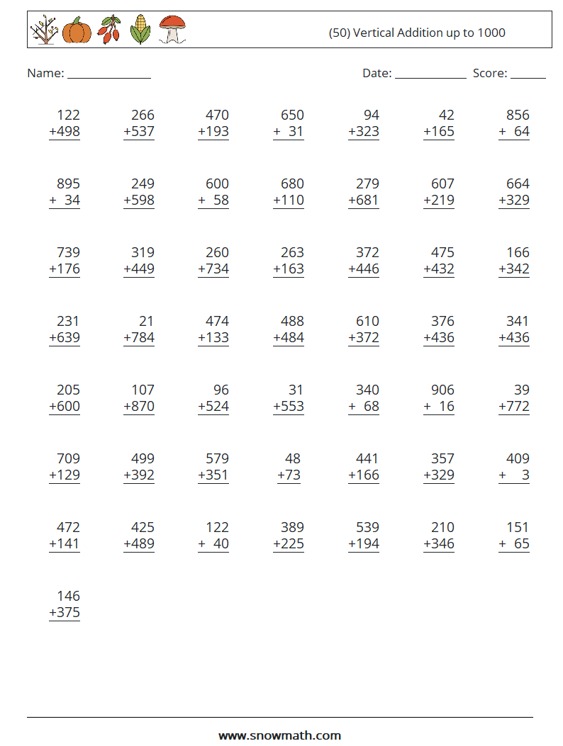 (50) Vertical Addition up to 1000 Math Worksheets 17