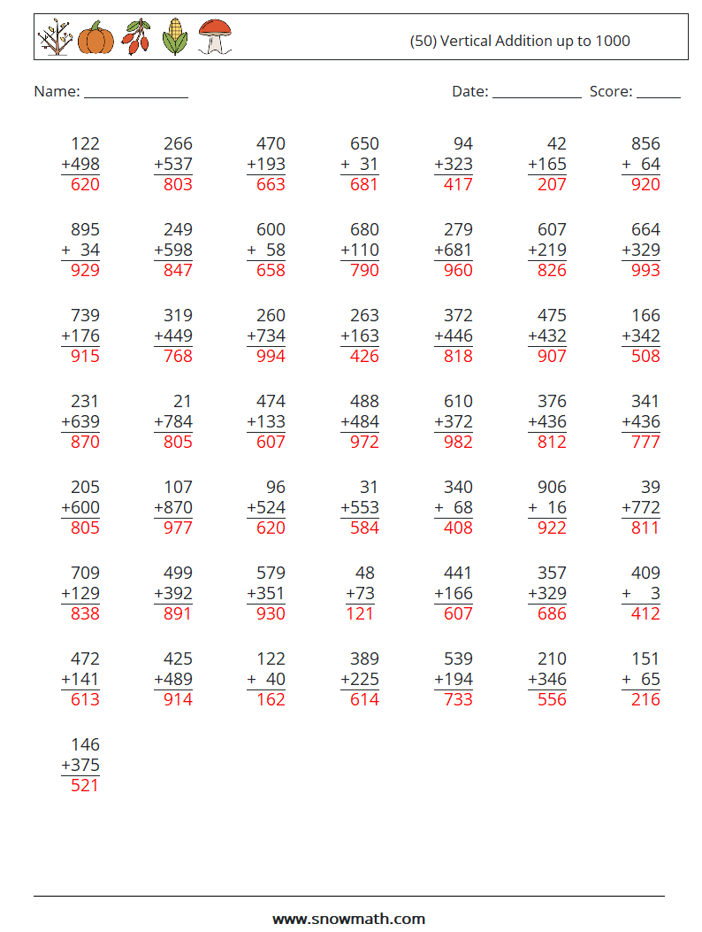 (50) Vertical Addition up to 1000 Math Worksheets 17 Question, Answer