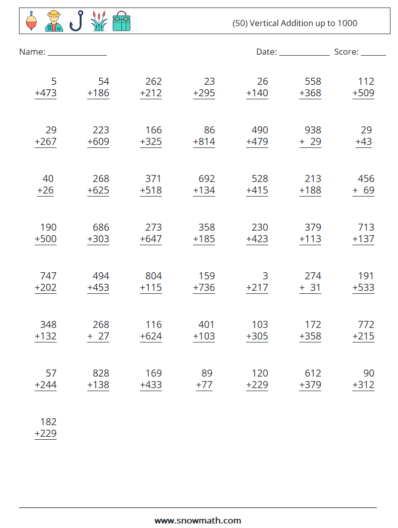 (50) Vertical Addition up to 1000 Math Worksheets 18